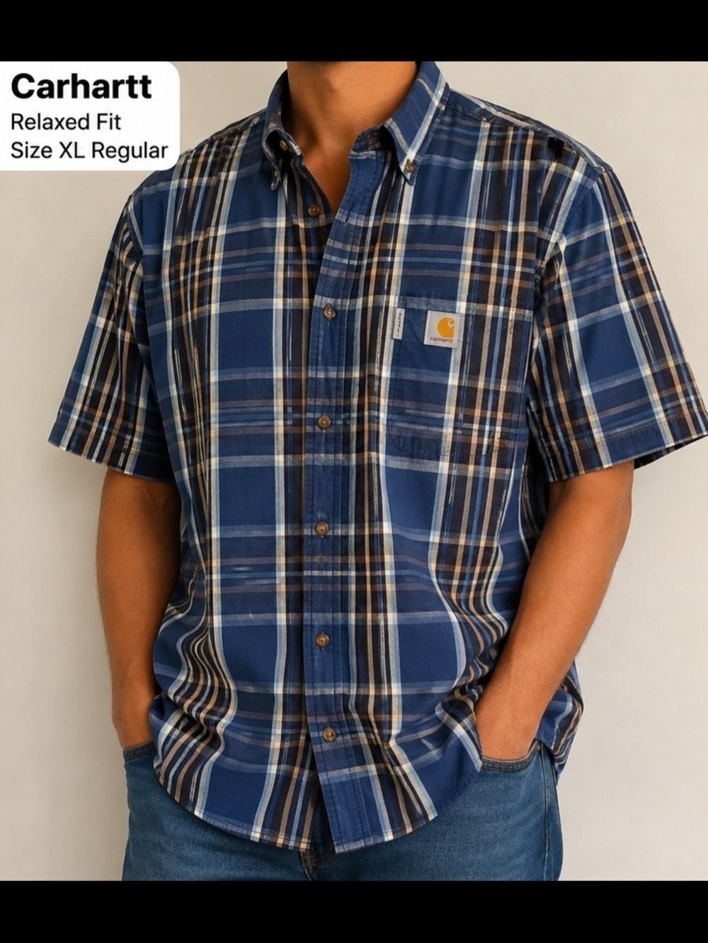 Carhartt Relaxed Fit Plaid Button Down Shirt XL Regular Blue 100% Cotton Workwea